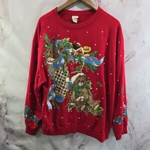 Vintage Christmas Sweatshirt Mens Large Ugly Holiday Crewneck Holly Teddy Gifts